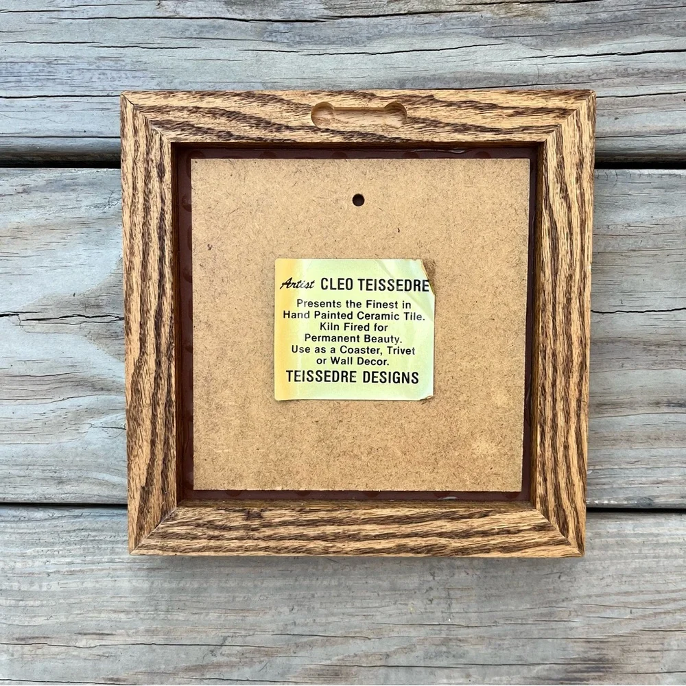 Cleo Teissedre Hand Painted Ceramic Tile Vintage Wood Framed